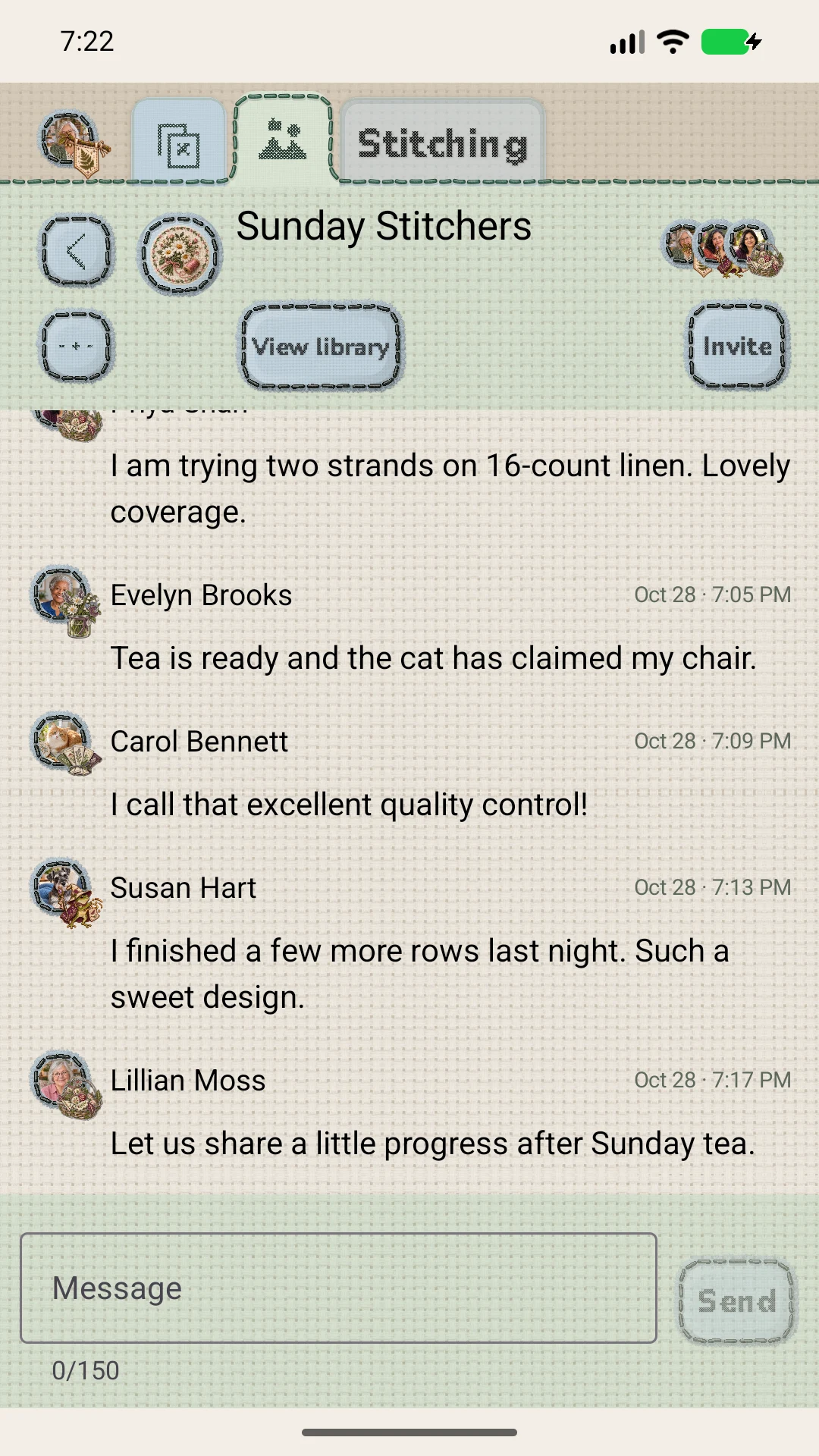 Sunday Stitchers Circle sharing short notes and encouragement