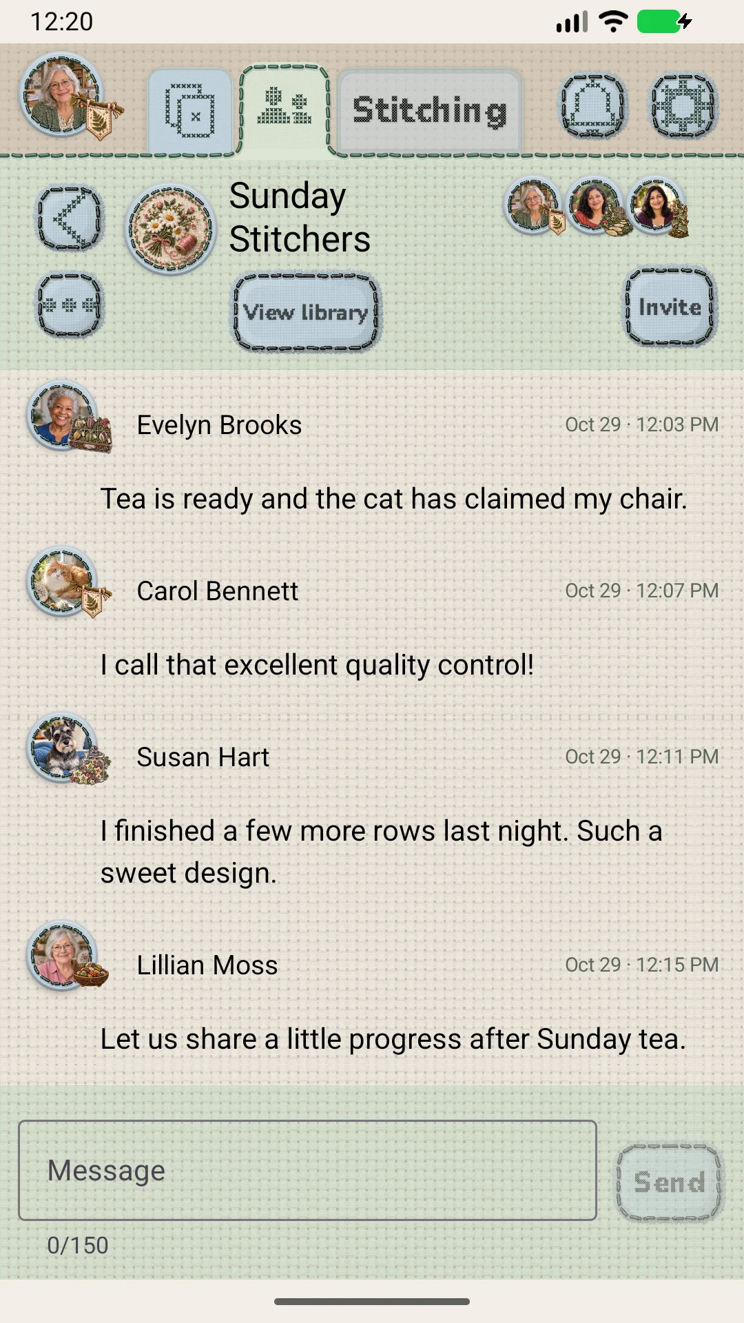 Sunday Stitchers Circle sharing short notes and encouragement