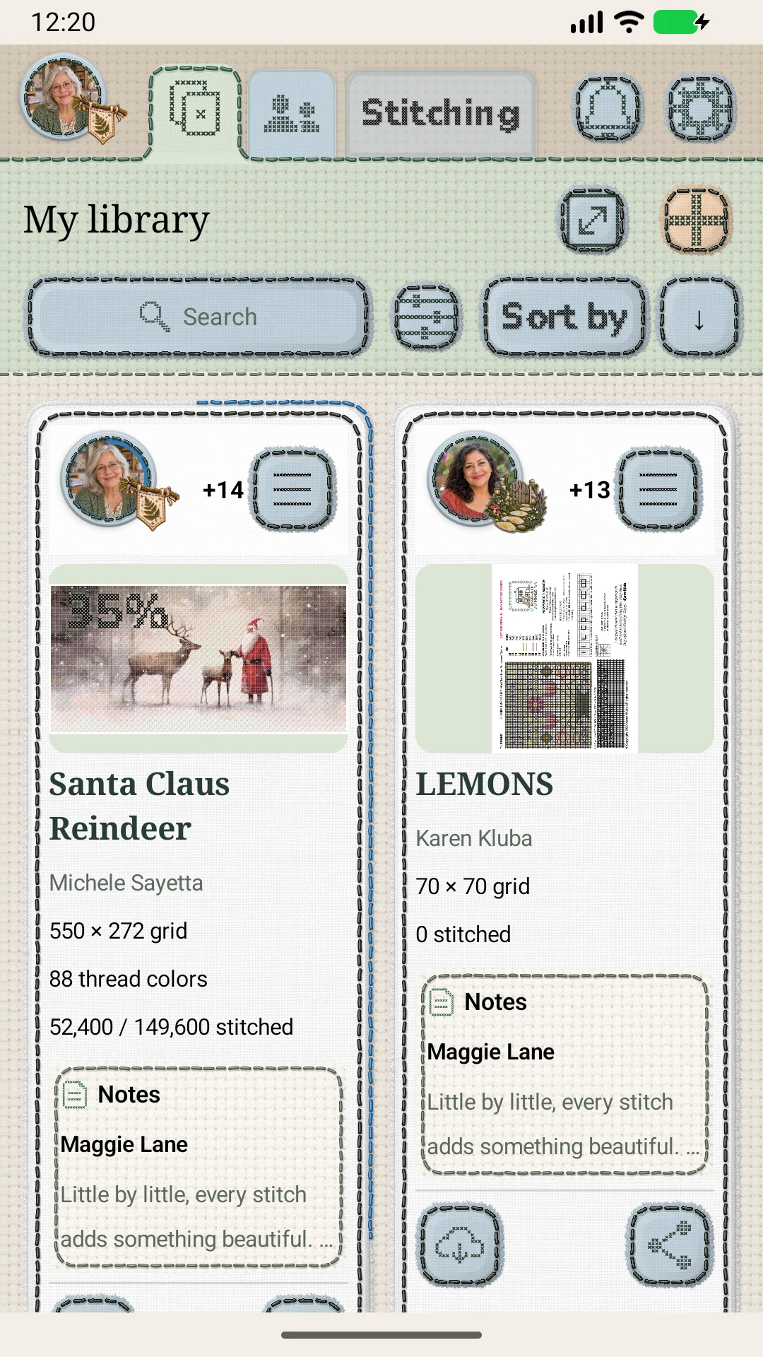 Santa and reindeer pattern in the AllMyXs library, with stitched avatars and progress