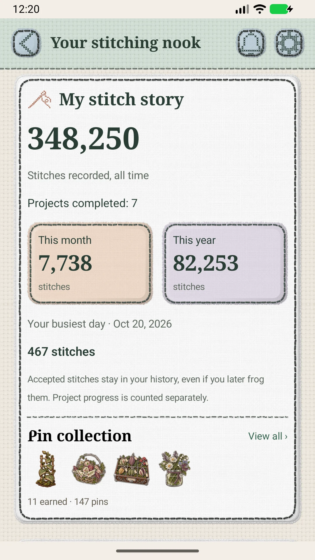 My Stitch Story with a fictional member’s monthly and yearly stitch counts and busiest day