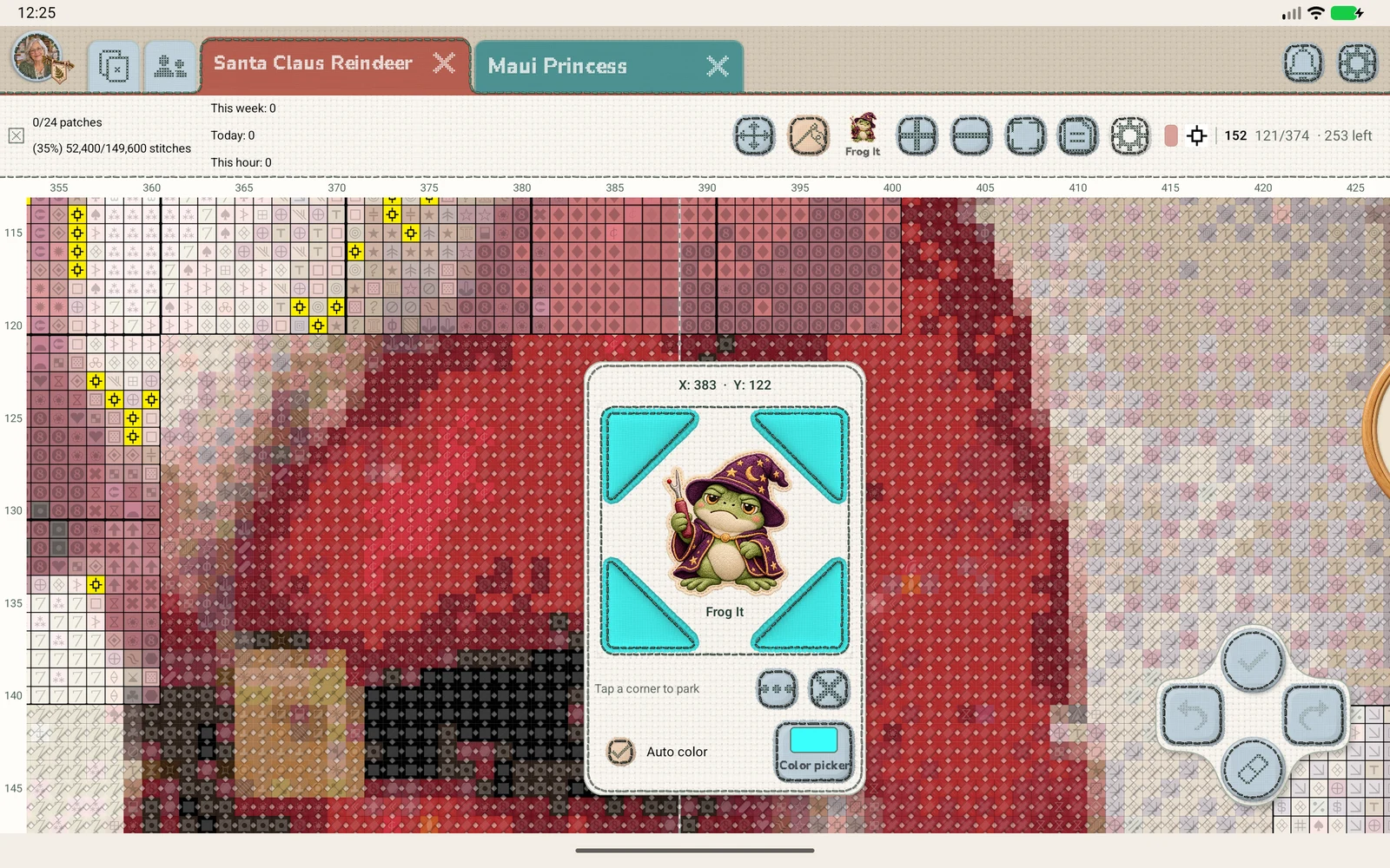 The double-tap stitch menu over the chart